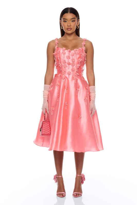 Eternal Bloom Taffeta Midi Dress - Coral
