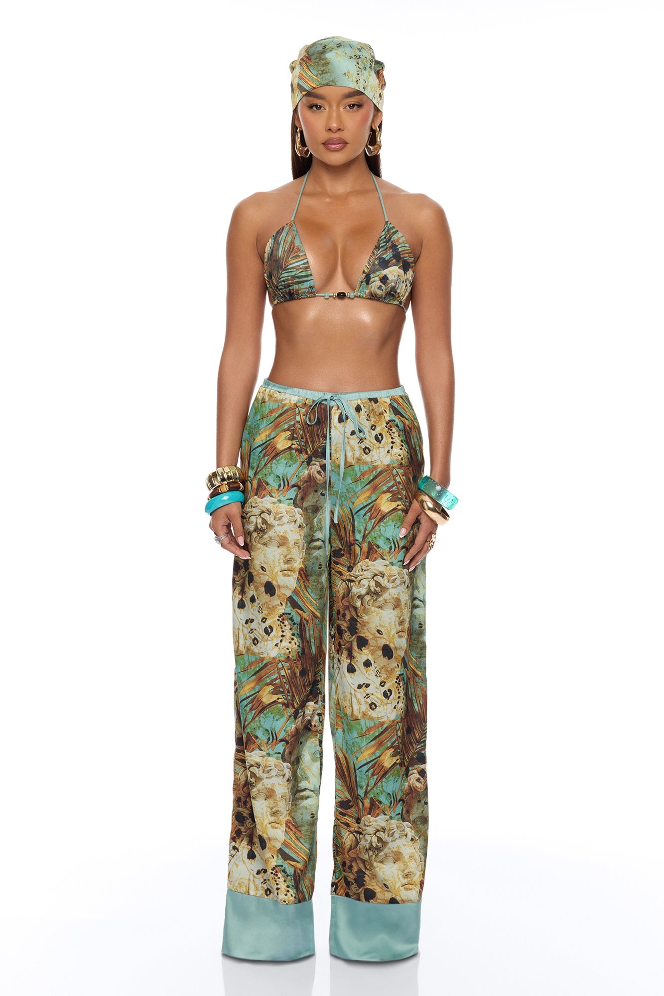 Call Me Coastal Satin Pant Set - Blue/combo