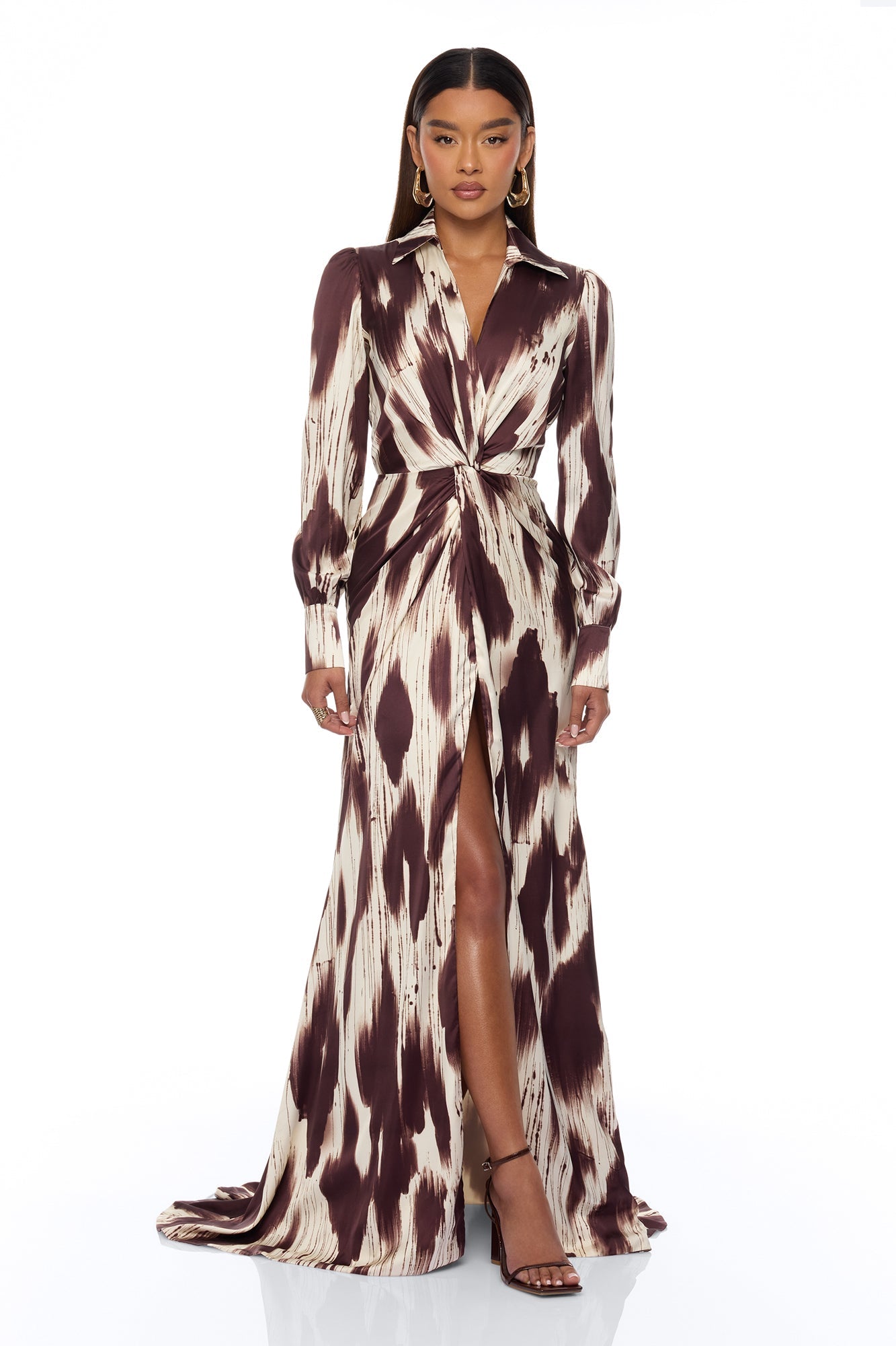 Sashira Collared Satin Maxi Dress - Brown/combo