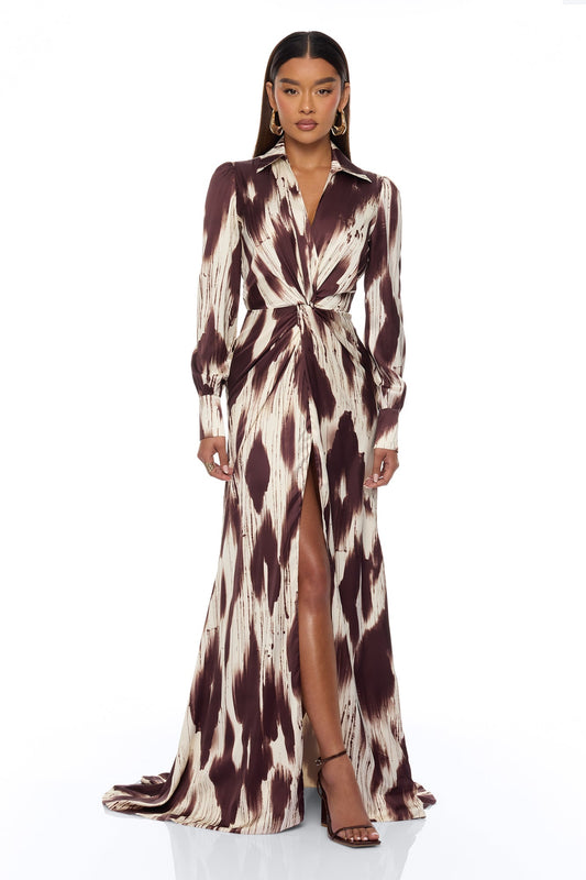 Sashira Collared Satin Maxi Dress - Brown/combo