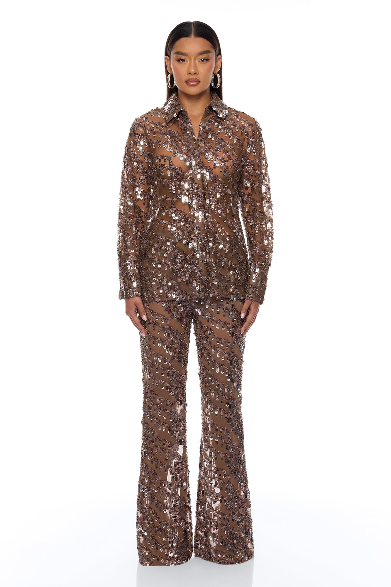 Zariah Sheer Sequin Top - Bronze