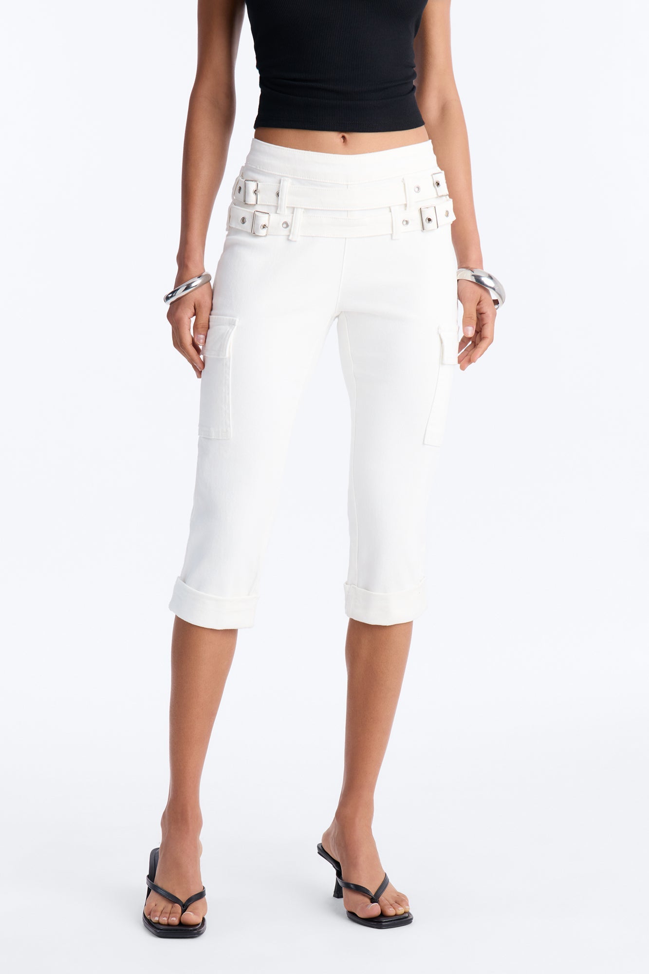 Lost Innocence Low Rise Belted Capri Jeans - White