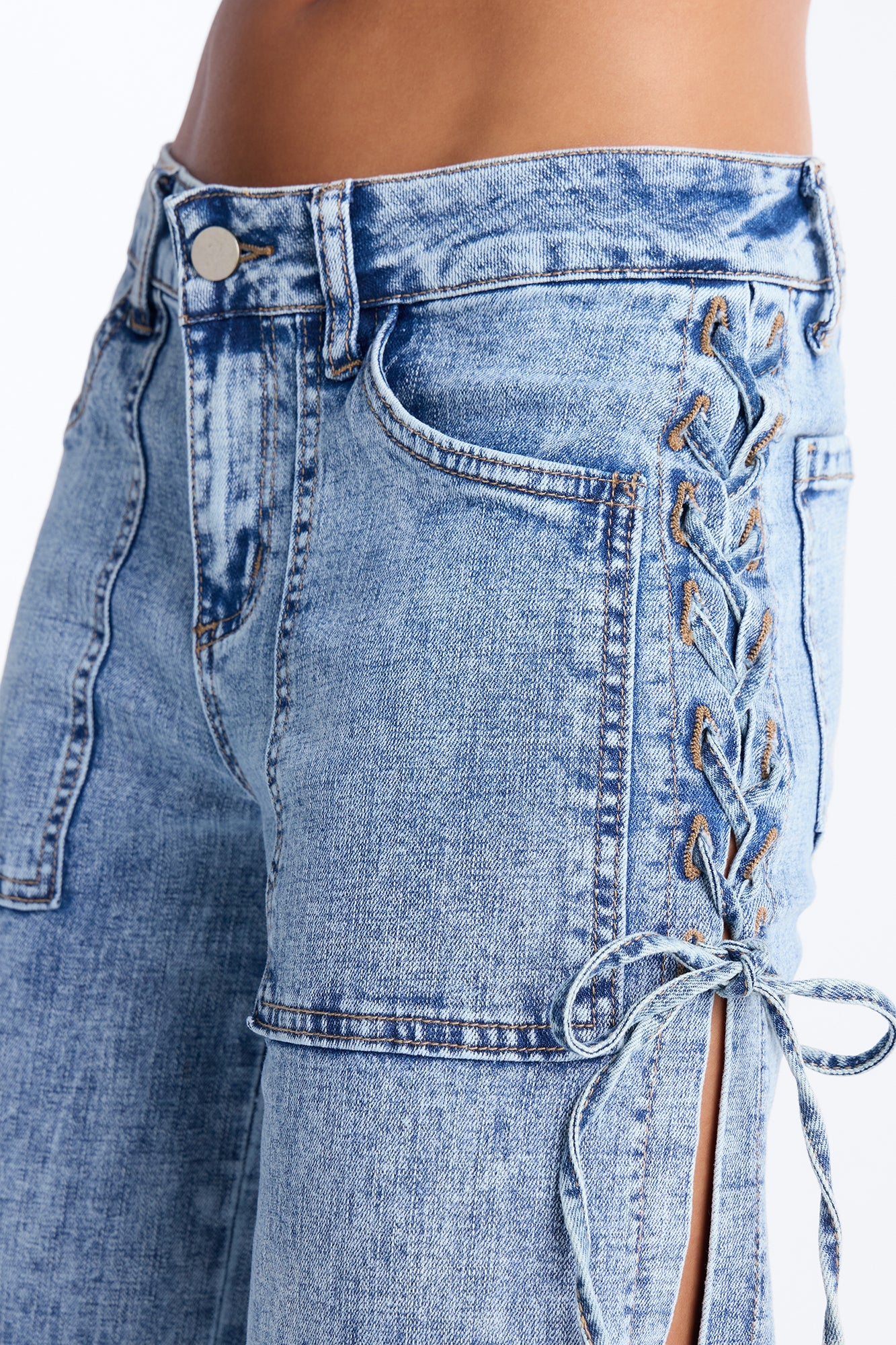 Pull Through Lace Up Stretch Tie Jeans - Medium Wash
