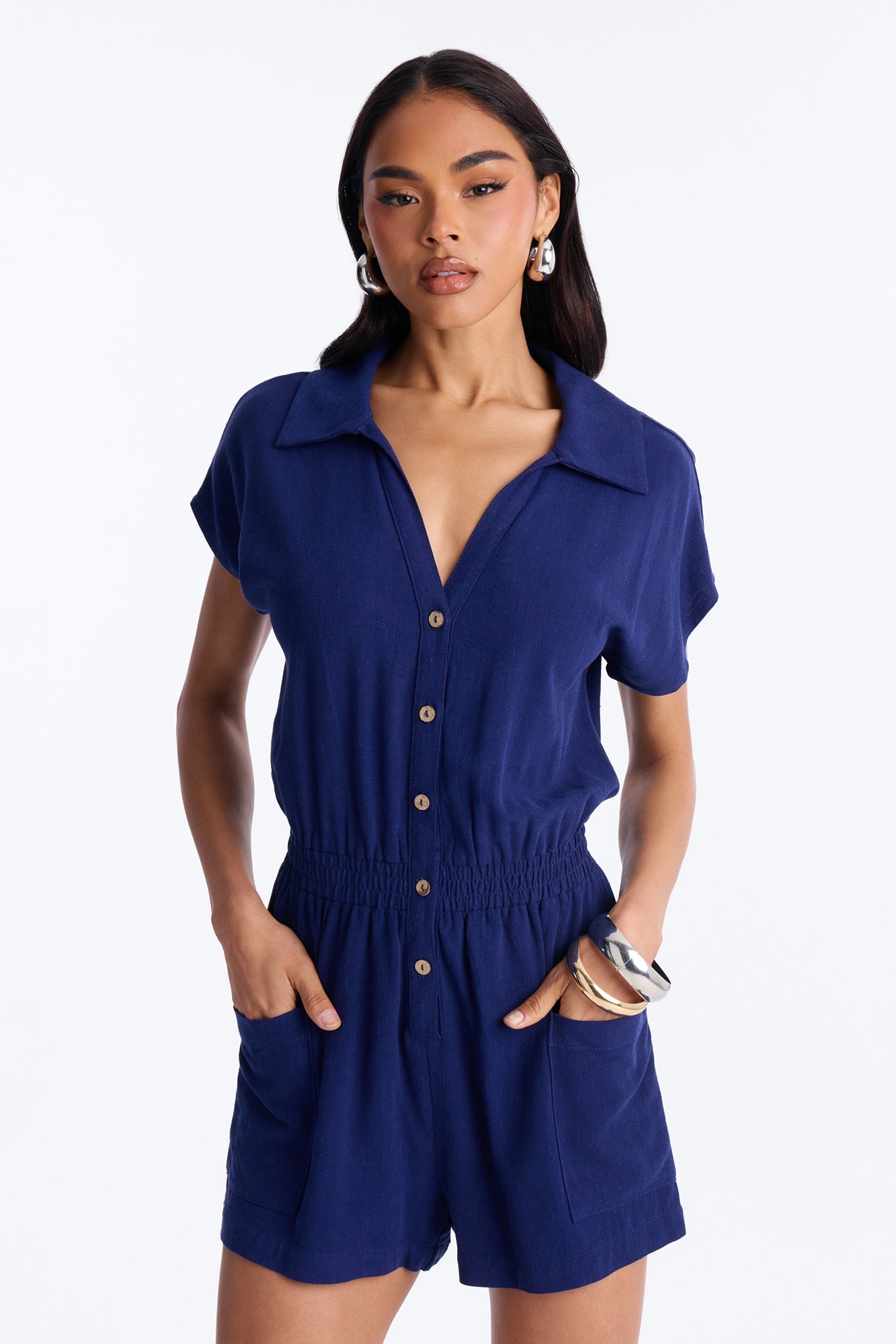 Caroline Button Up Linen Romper - Navy
