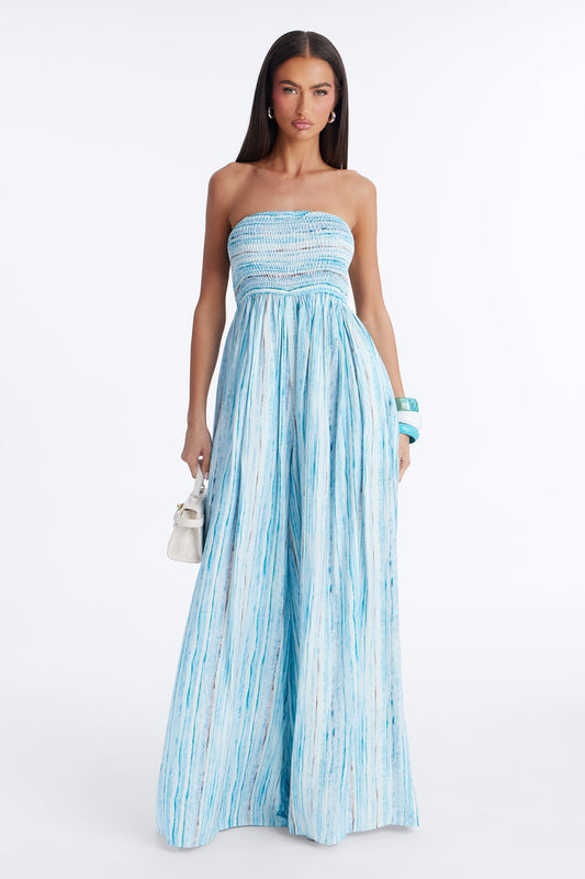 Kayla Smocked Extreme Wide Leg Jumpsuit - Blue