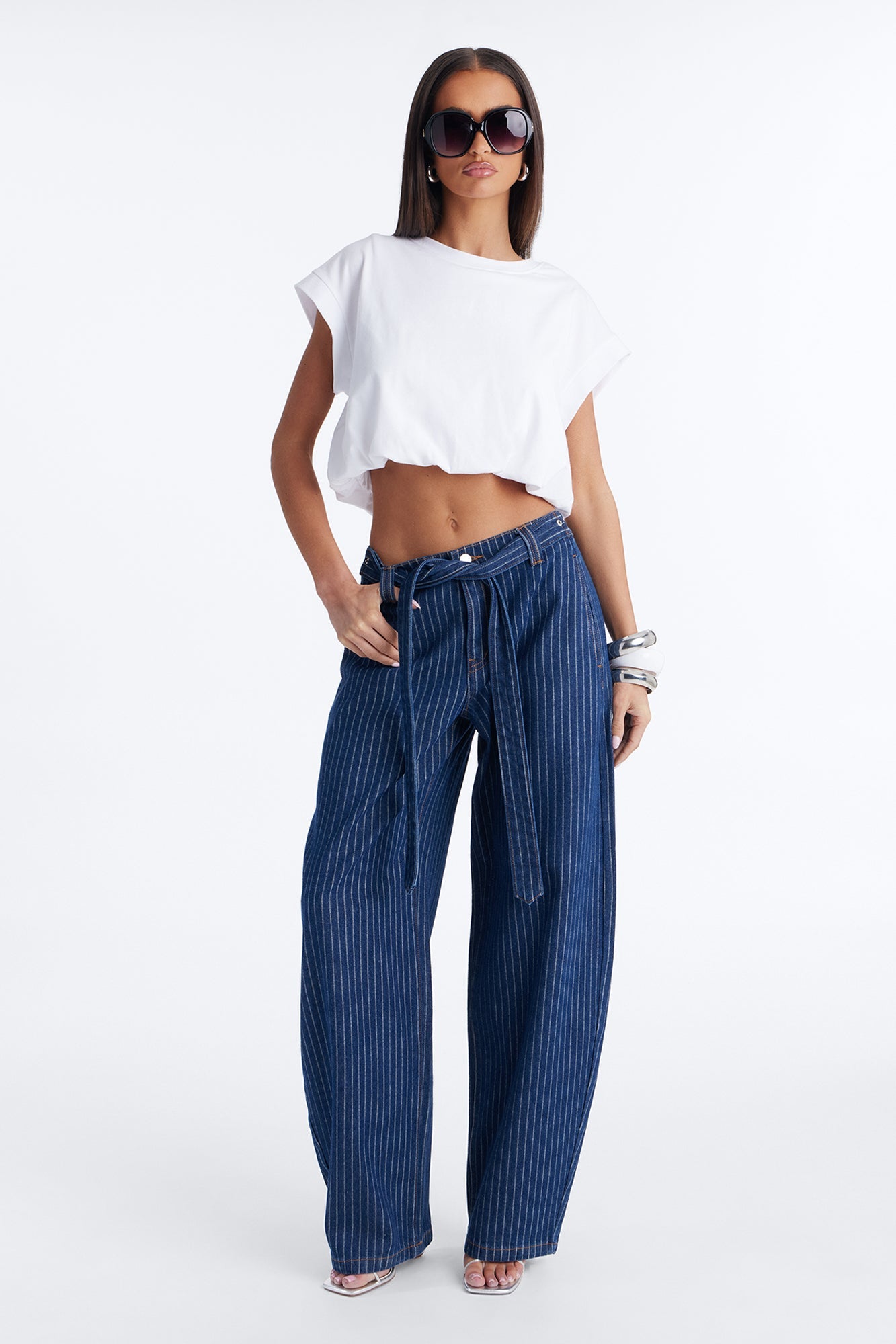 Up The Road Pinstripe Belted Jeans - Dark Wash
