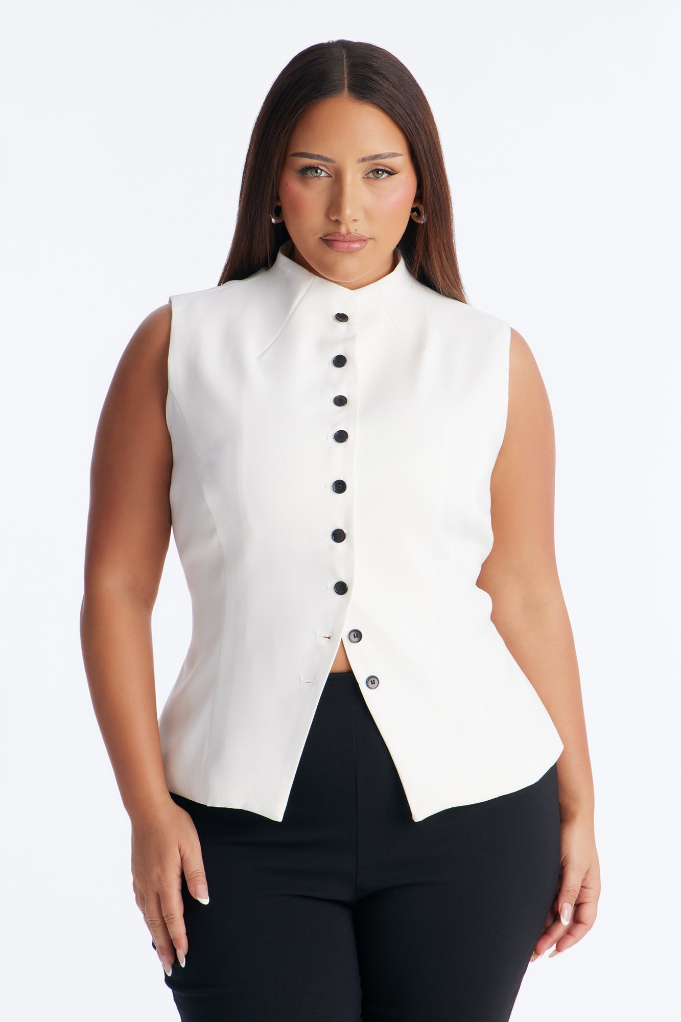 Lana Mock Neck Twill Top - White
