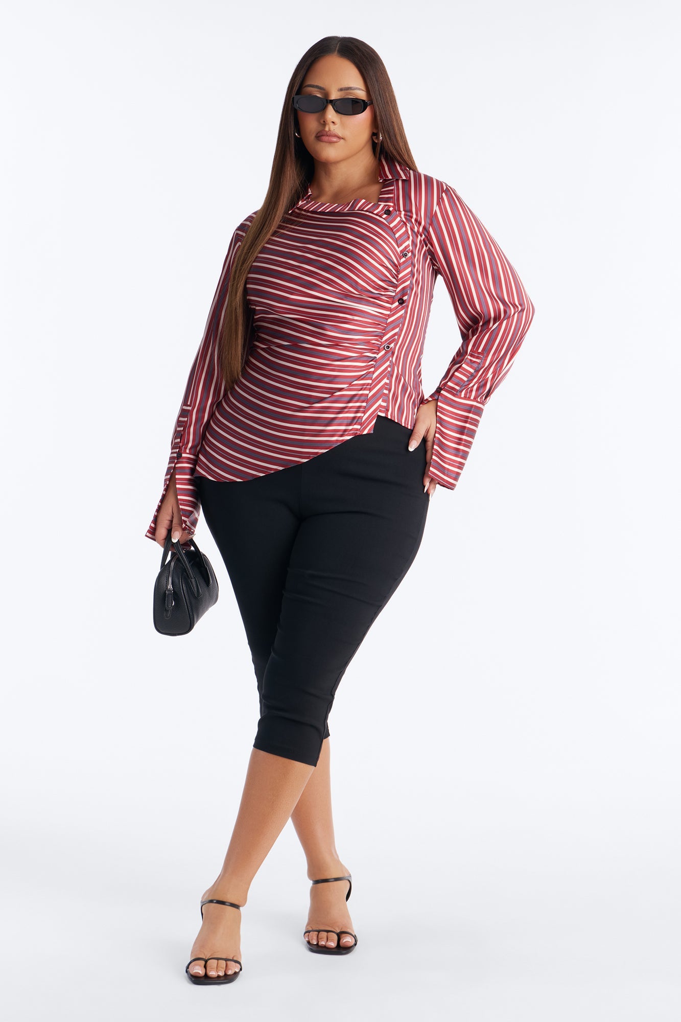 Office Cool Asymmetrical Striped Satin Shirt - Red/combo