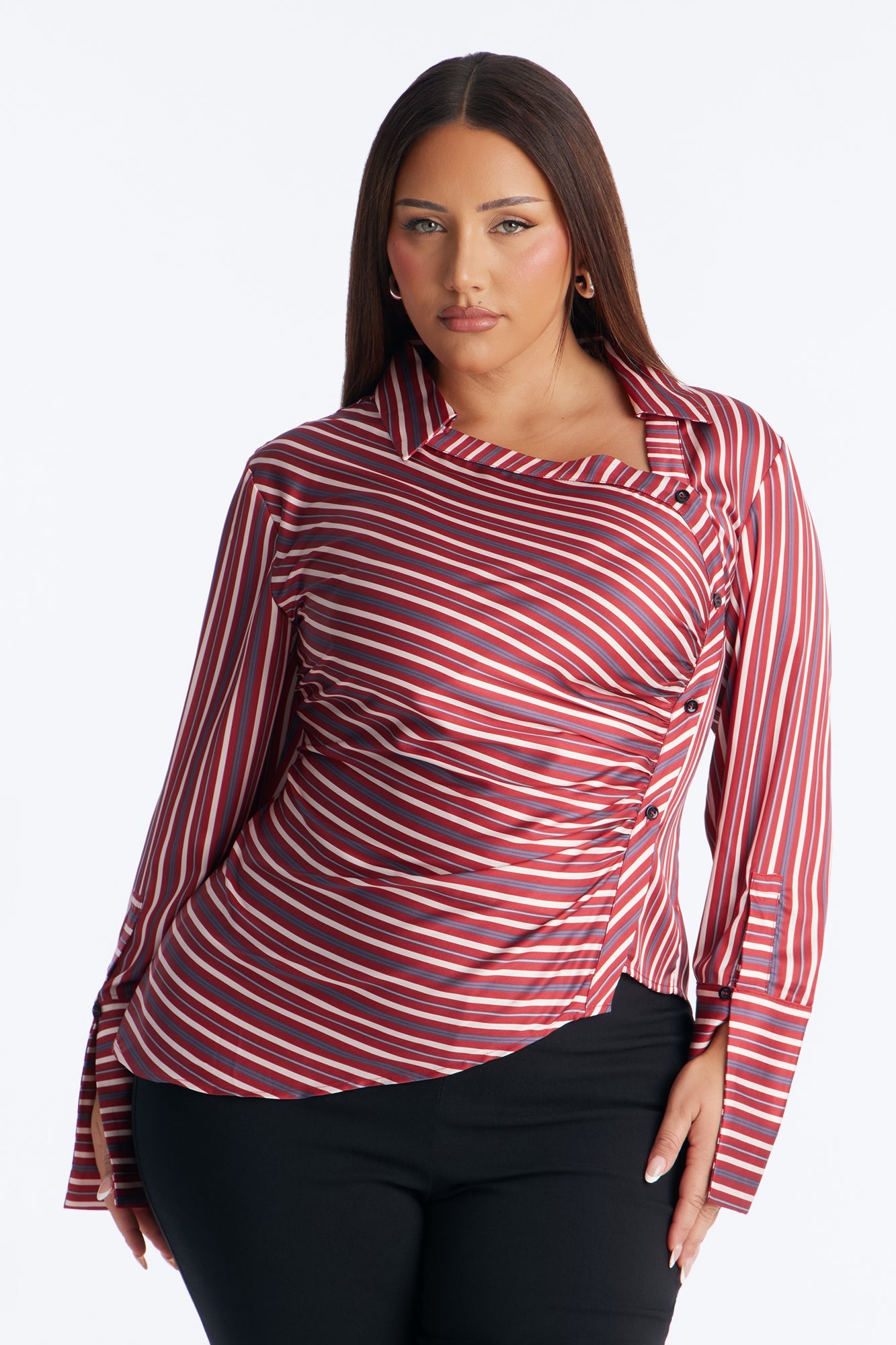 Office Cool Asymmetrical Striped Satin Shirt - Red/combo