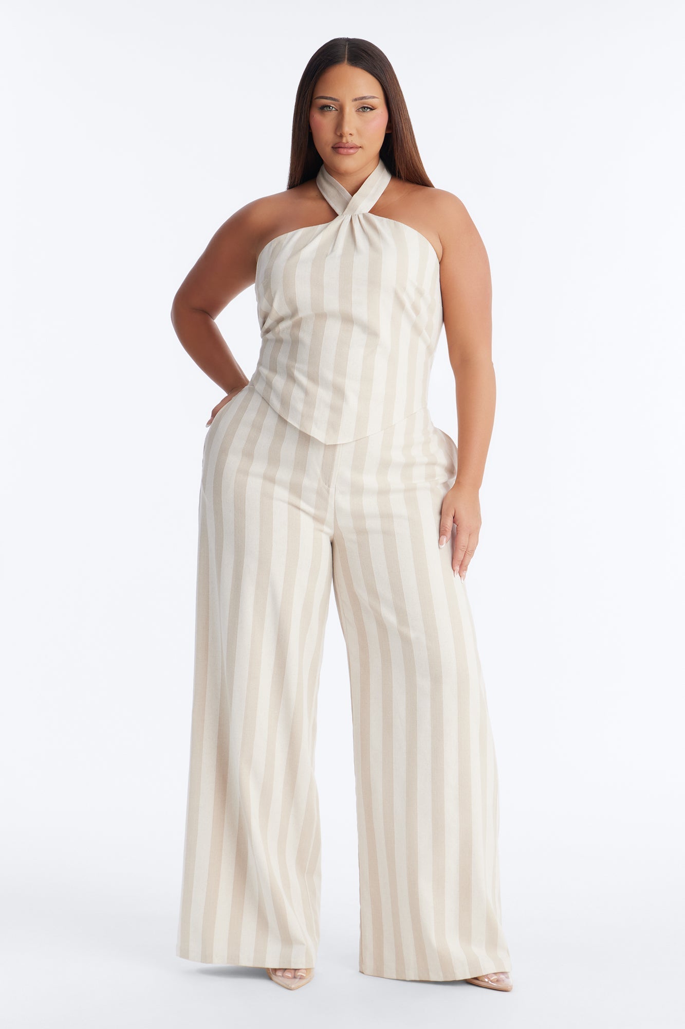 Cruise Attire Striped Linen Halter Top - Taupe/combo Fashion Nova