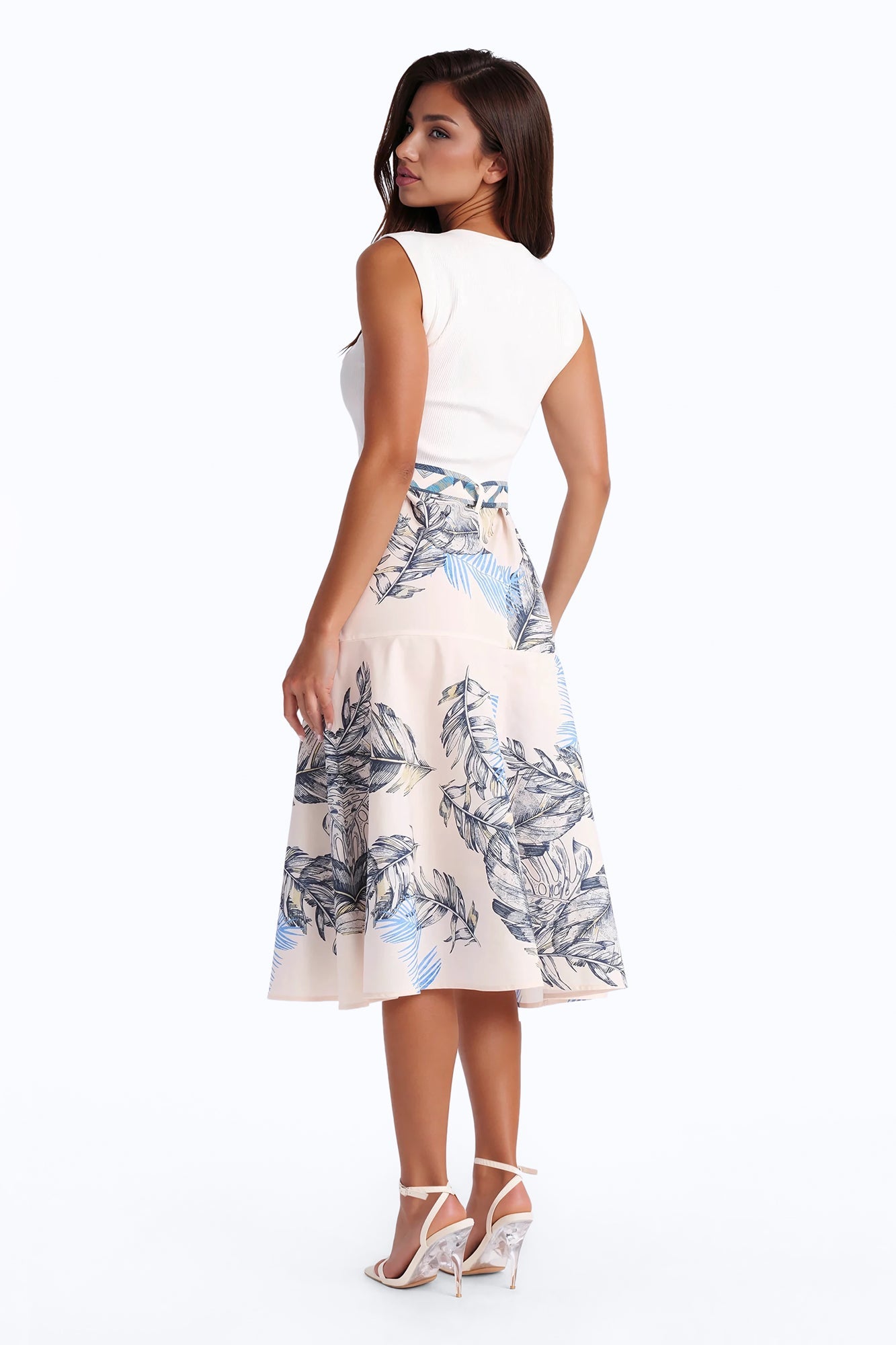 Eleanor Belted Printed Midi Dress - White/combo