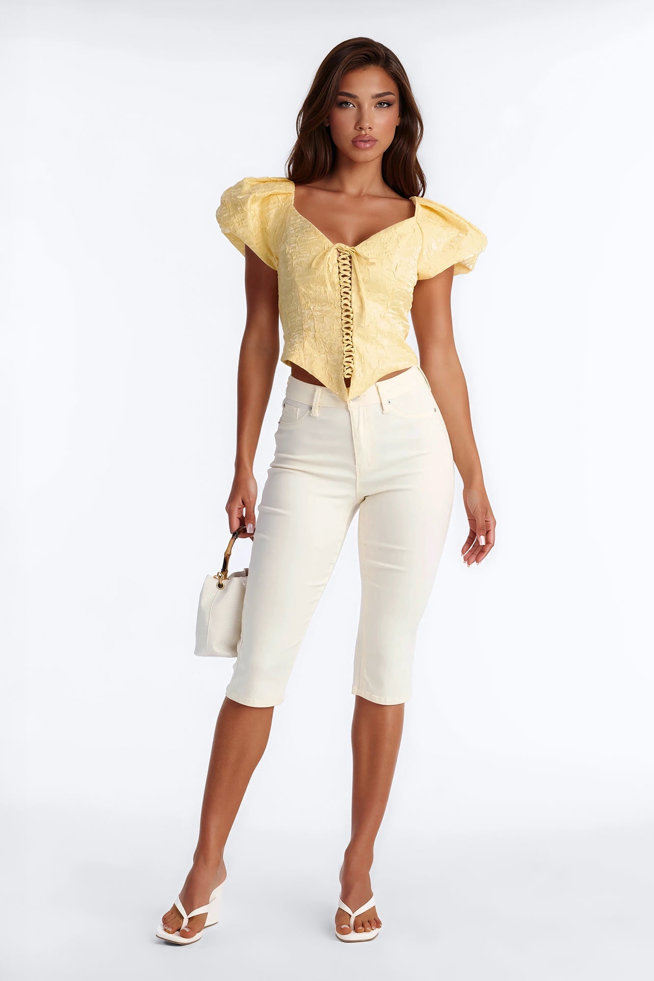 Royal Attitude Puff Sleeve Lace Up Top - Butter Yellow