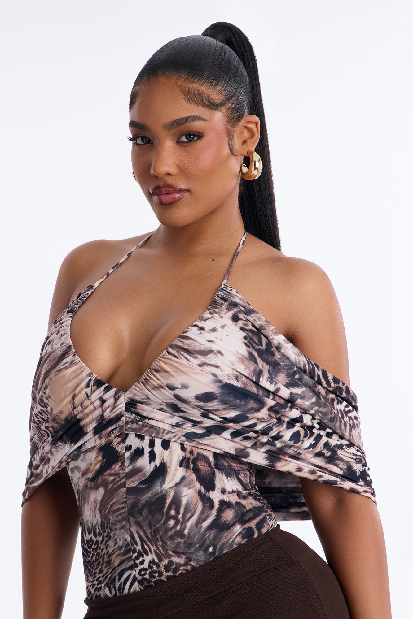 Savanna Ruched Short Sleeve Cape Bodysuit - Brown/combo