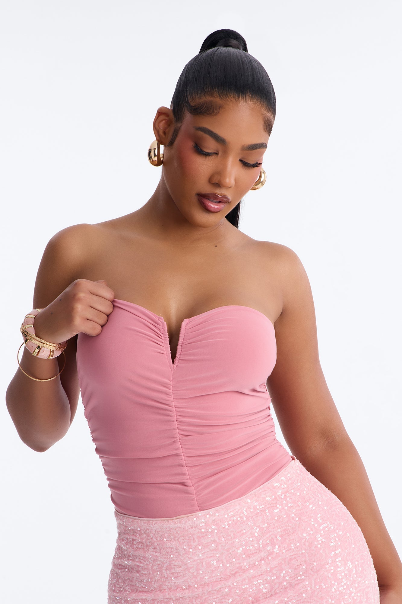 Gentle Blossom Ruched Notch Neck Strapless Bodysuit - Blush