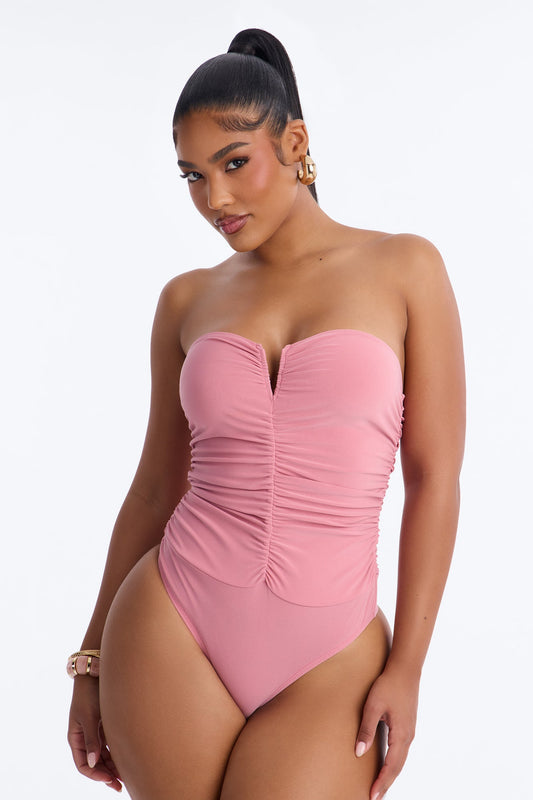 Gentle Blossom Ruched Notch Neck Strapless Bodysuit - Blush