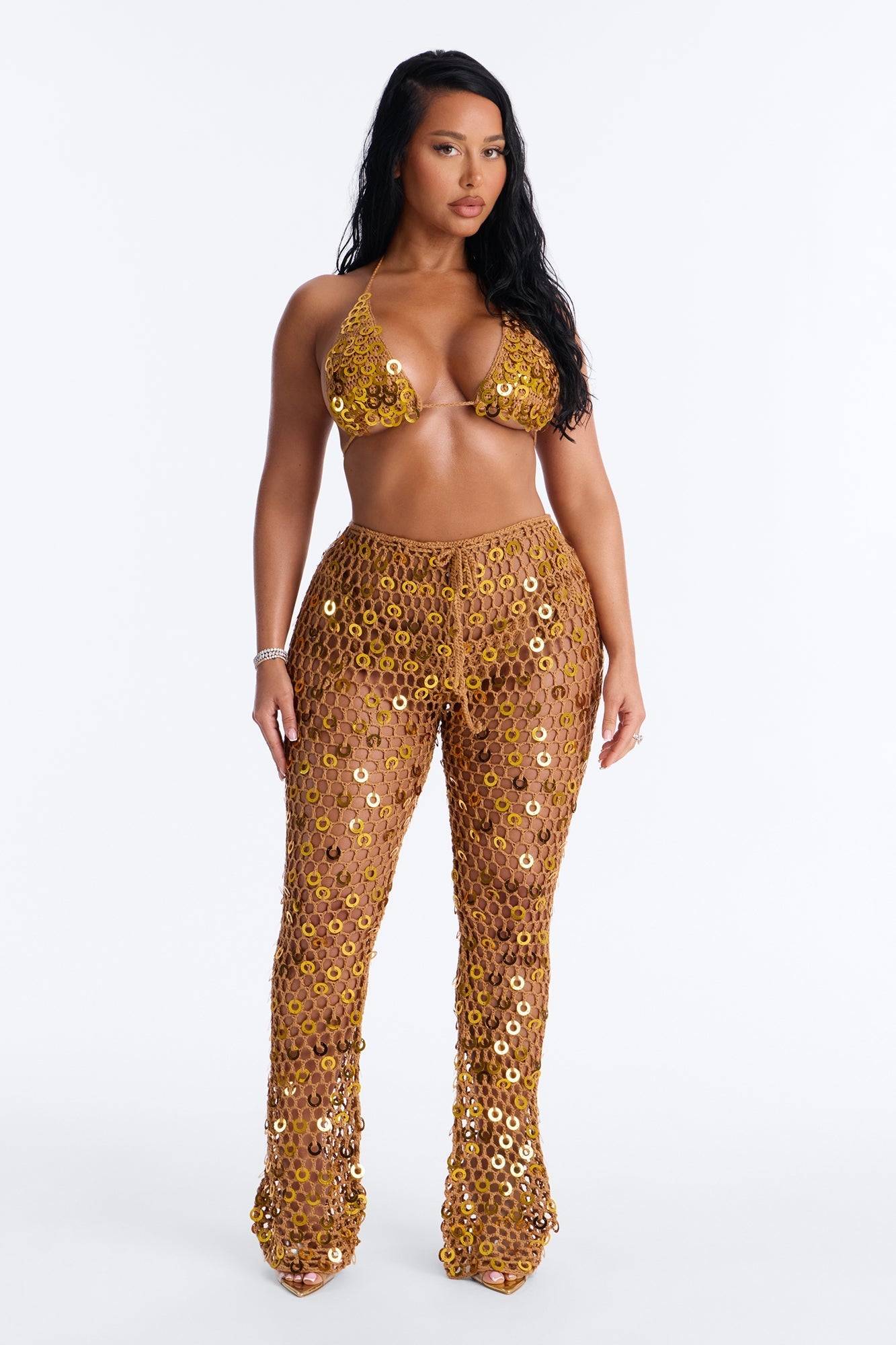 Out Here Bikini And Coverup Pant Set - Gold Fashion Nova