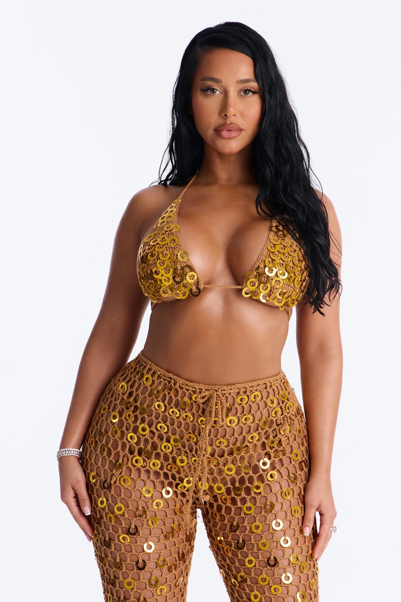 Out Here Bikini And Coverup Pant Set - Gold Fashion Nova