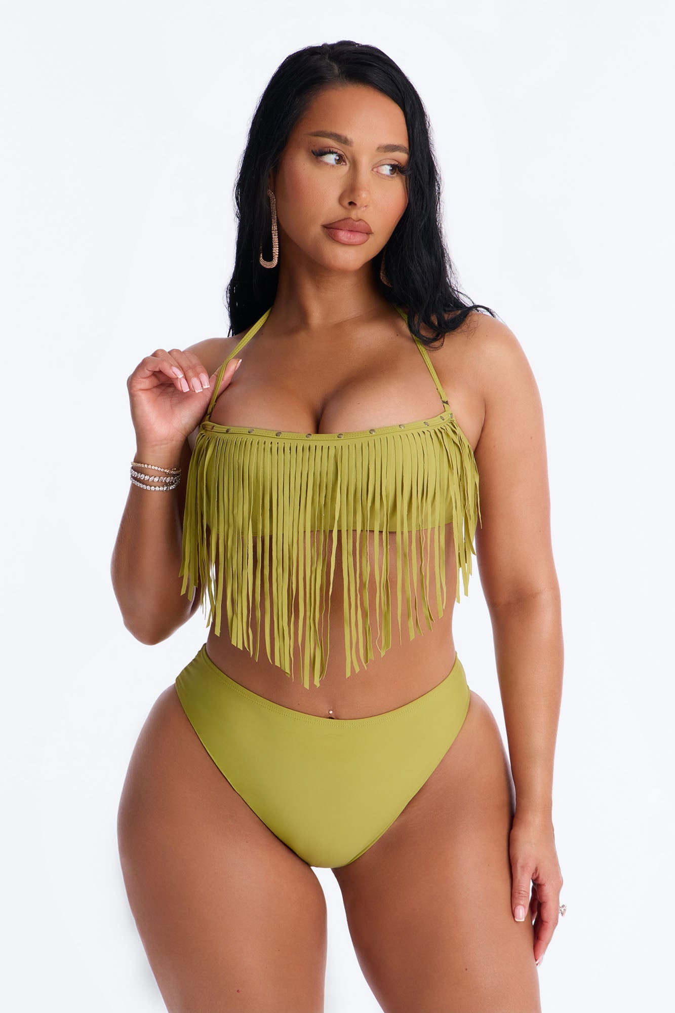 Cabana Cooldown 3 Piece Fringe Bikini Set - Olive