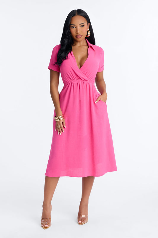 Caroline Cinched Midi Dress - Hot Pink