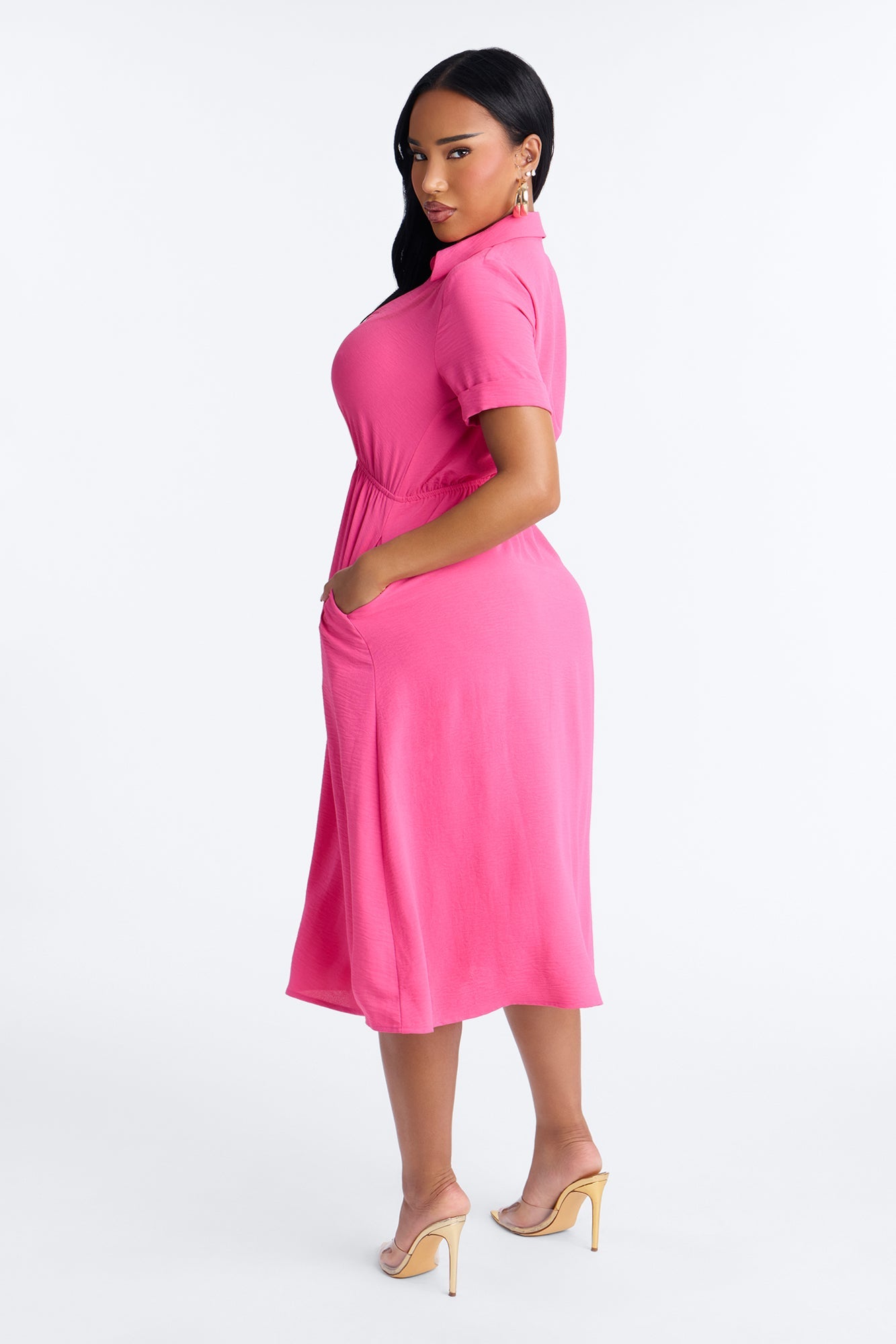 Caroline Cinched Midi Dress - Hot Pink