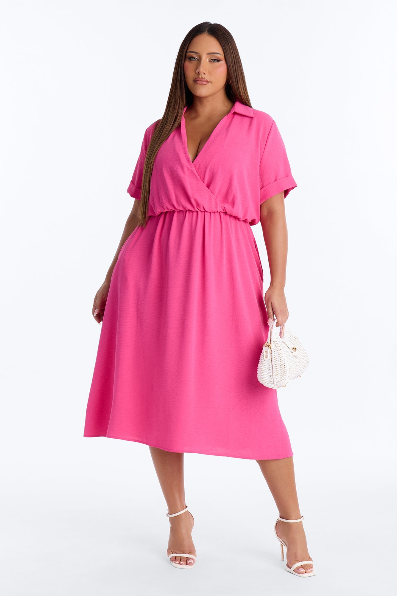 Caroline Cinched Midi Dress - Hot Pink