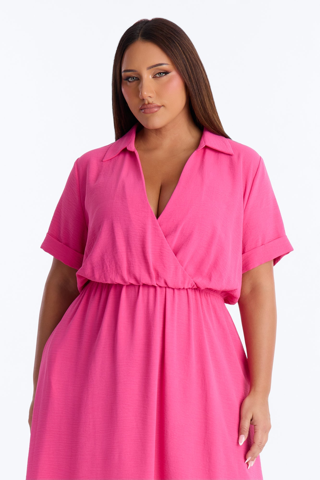 Caroline Cinched Midi Dress - Hot Pink
