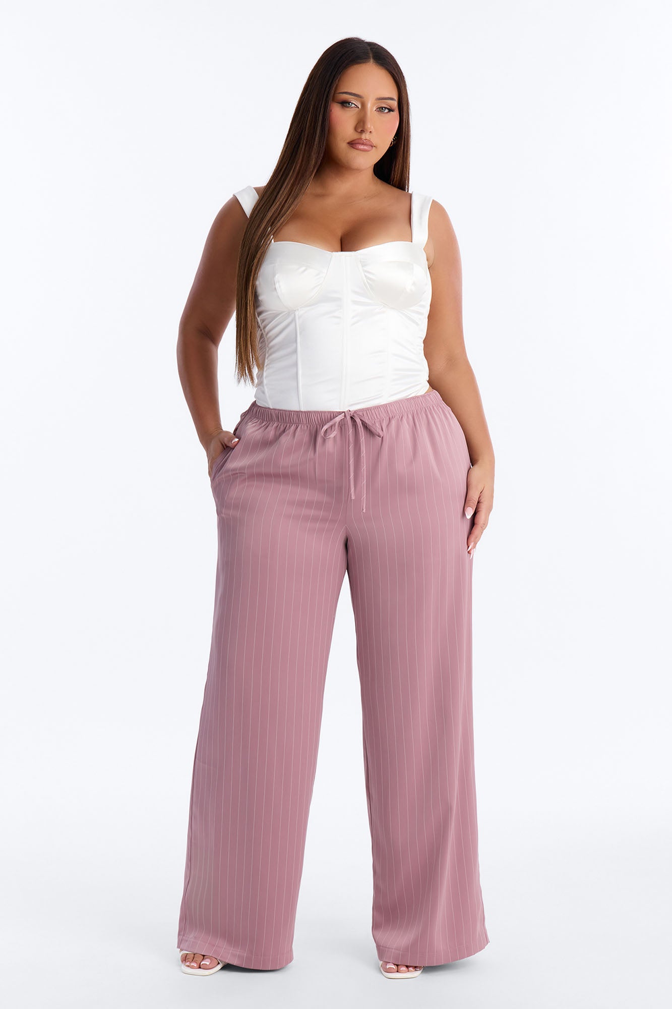 Lulu Pinstripe Satin Wide Leg Pant 32″ - Mauve