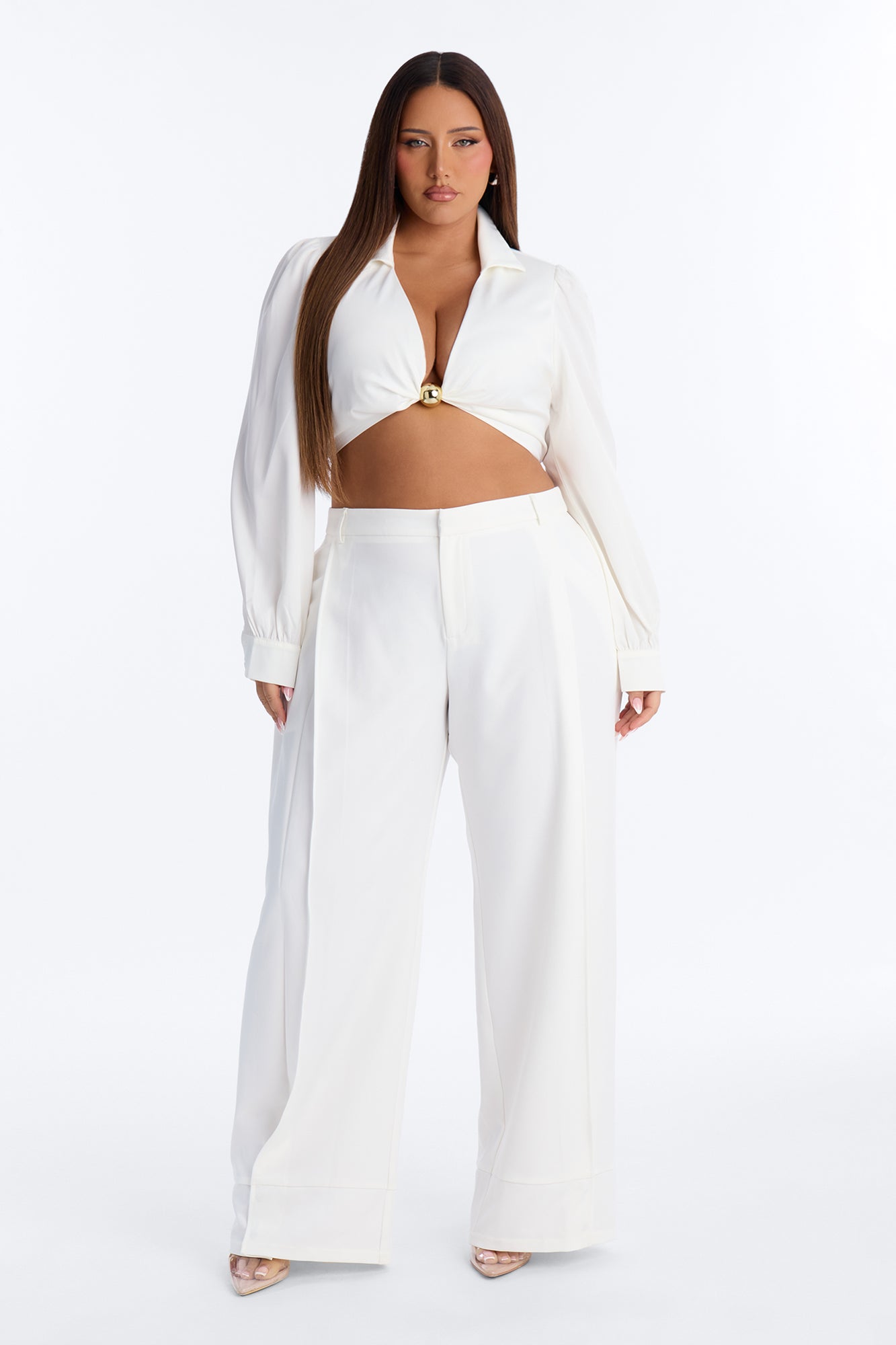 Anya Double Side Pleat Button Hem Trouser 33″ - White