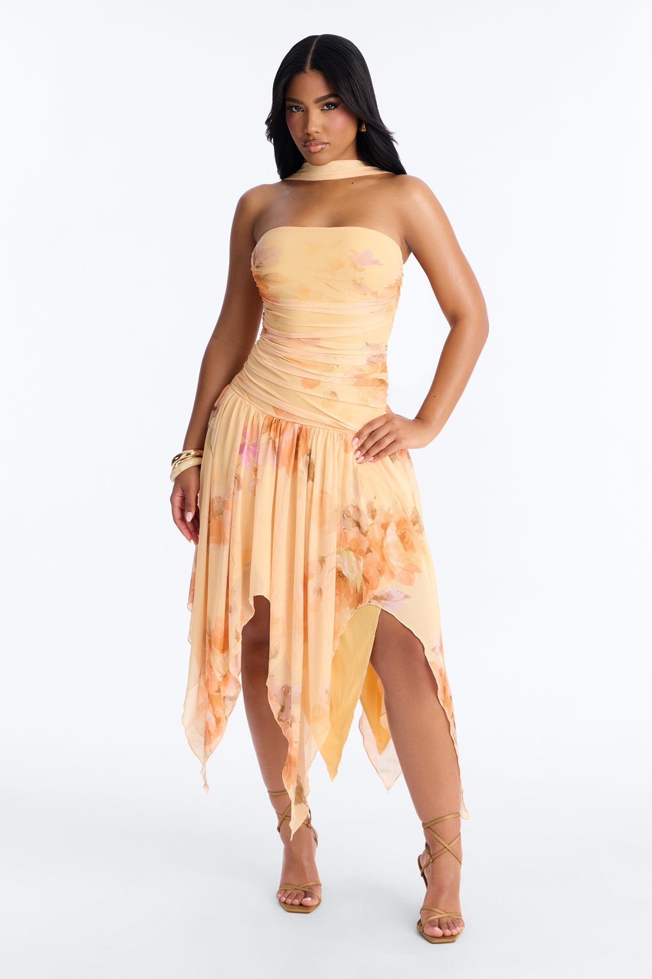 Delaney Floral Mesh Midi Dress - Orange