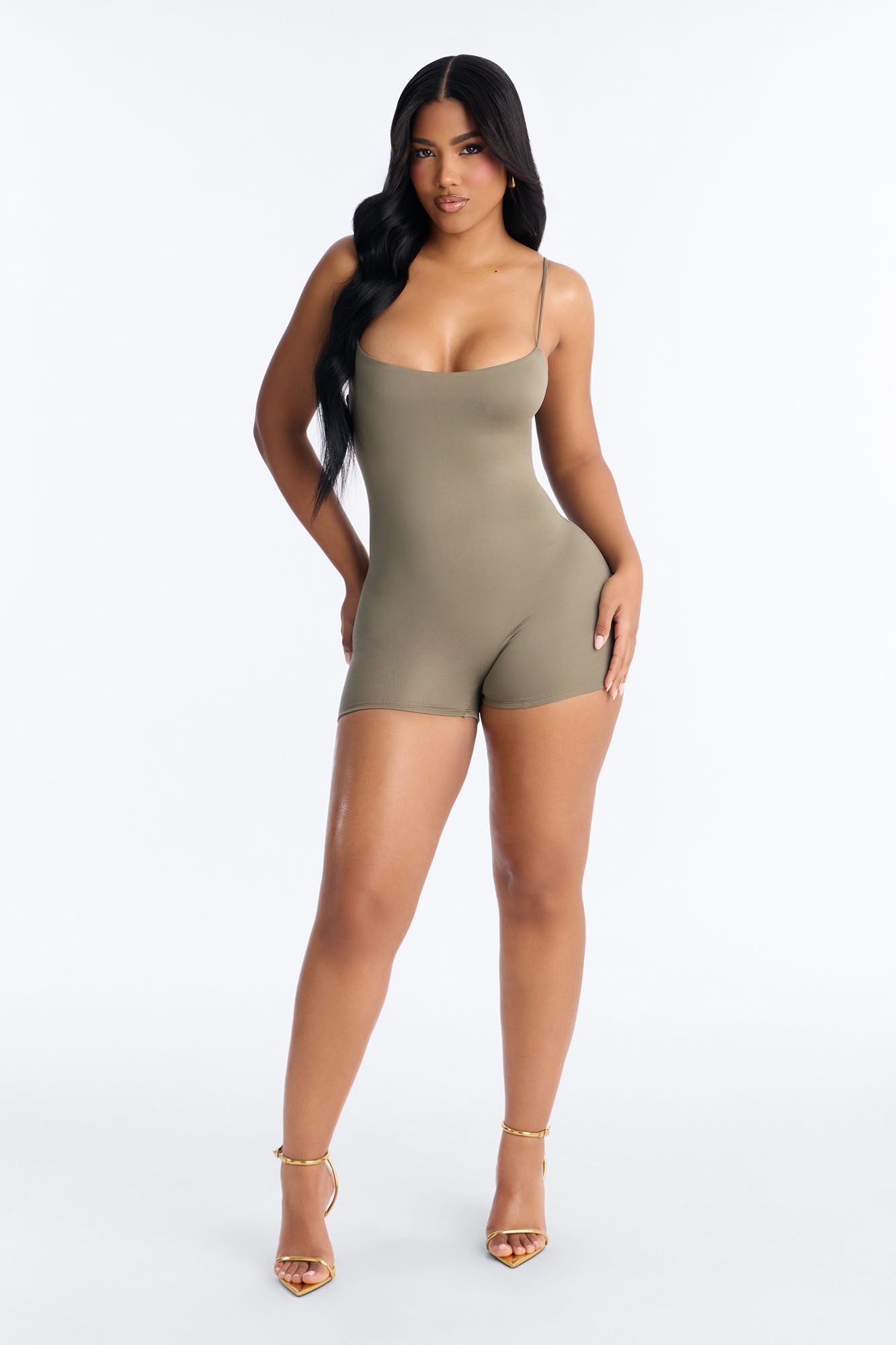 Full Form Double Layer Biker Short Romper - Olive