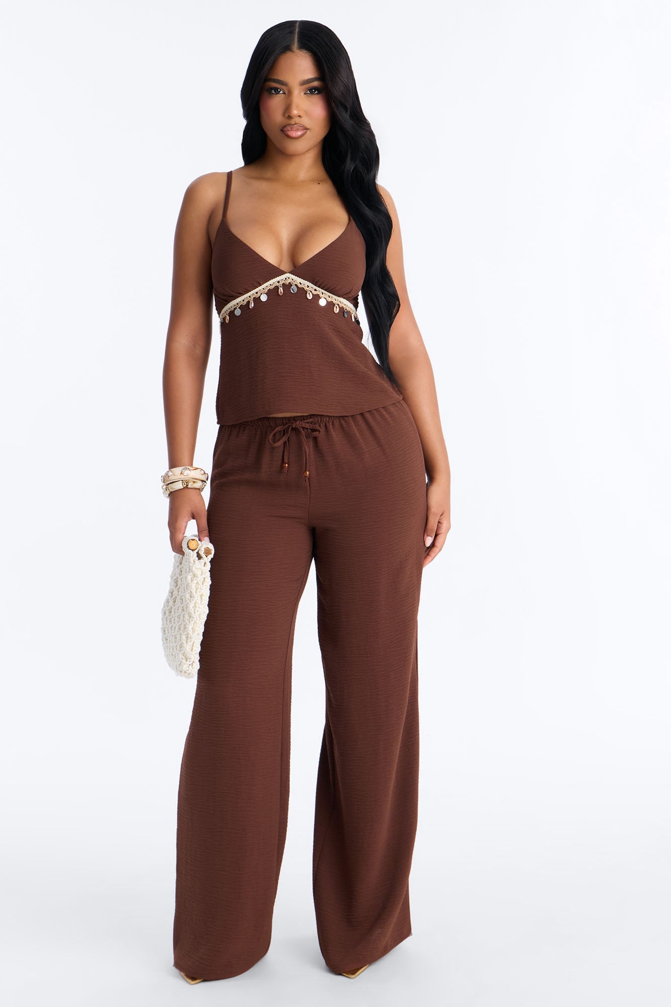 Sasha Embellished Wide Leg Pant Set - Chocolate