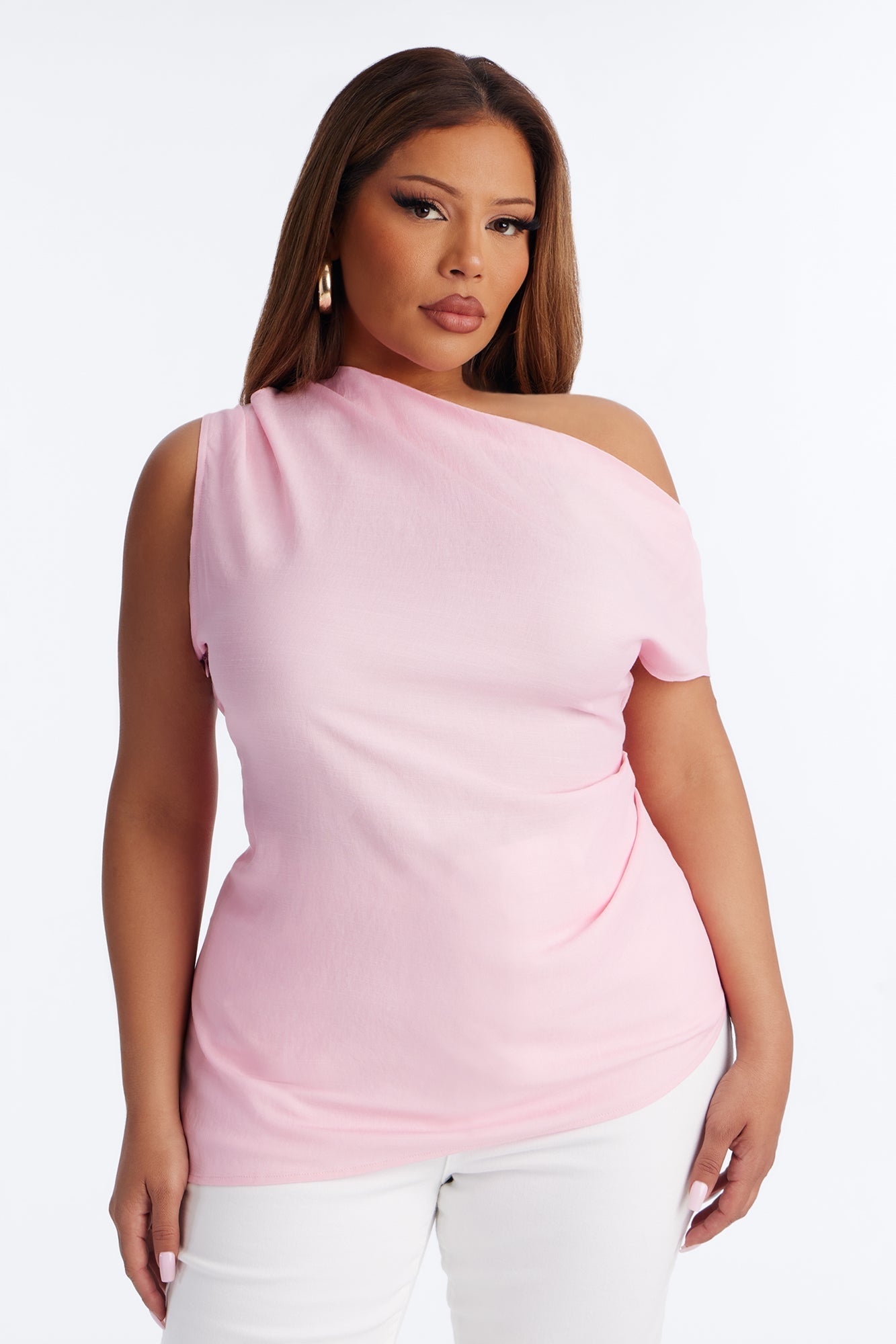 Cutie With A Duty One Shoulder Linen Top - Pink Fashion Nova
