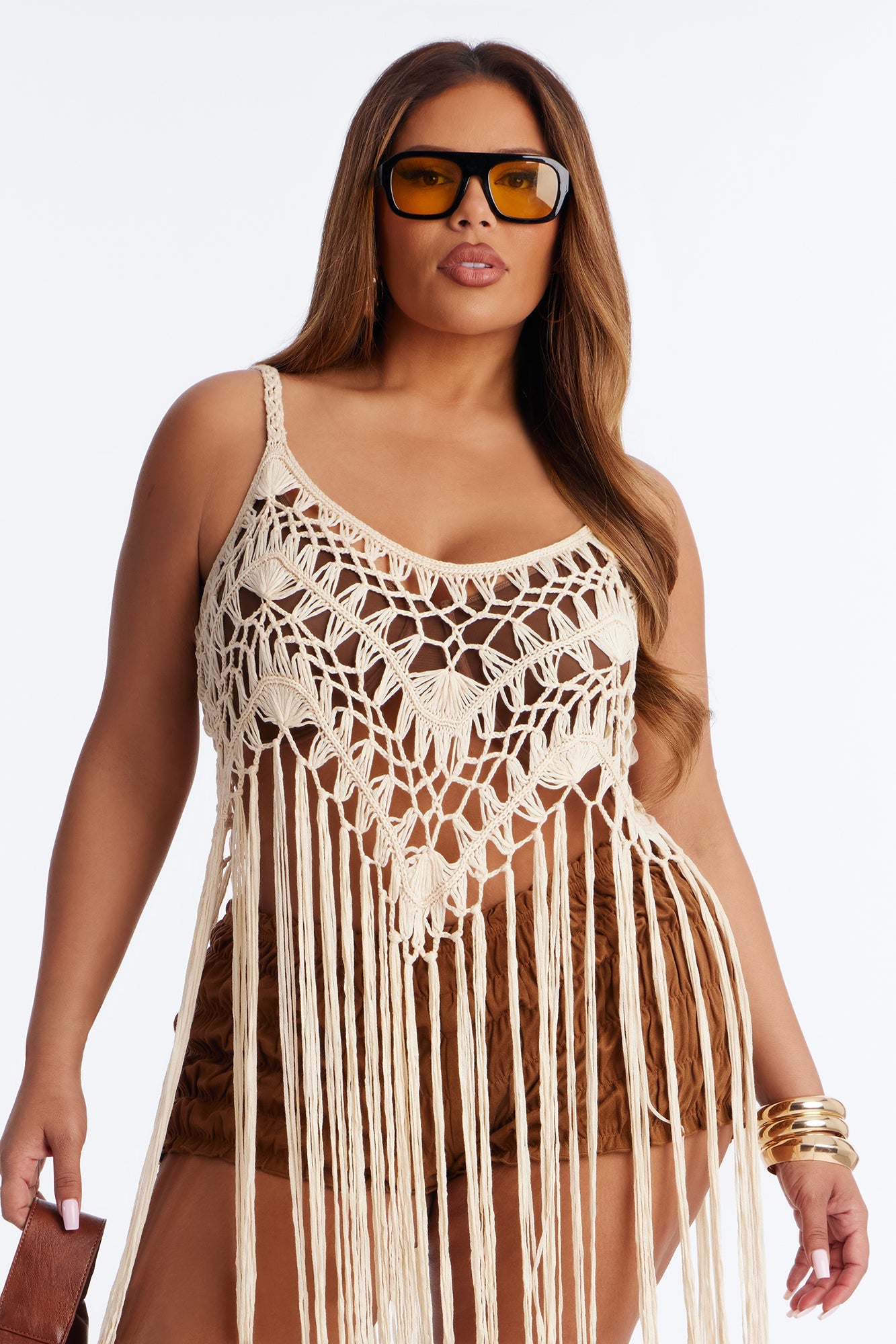Caribbean Bliss Fringe Crochet Tank Top - Natural