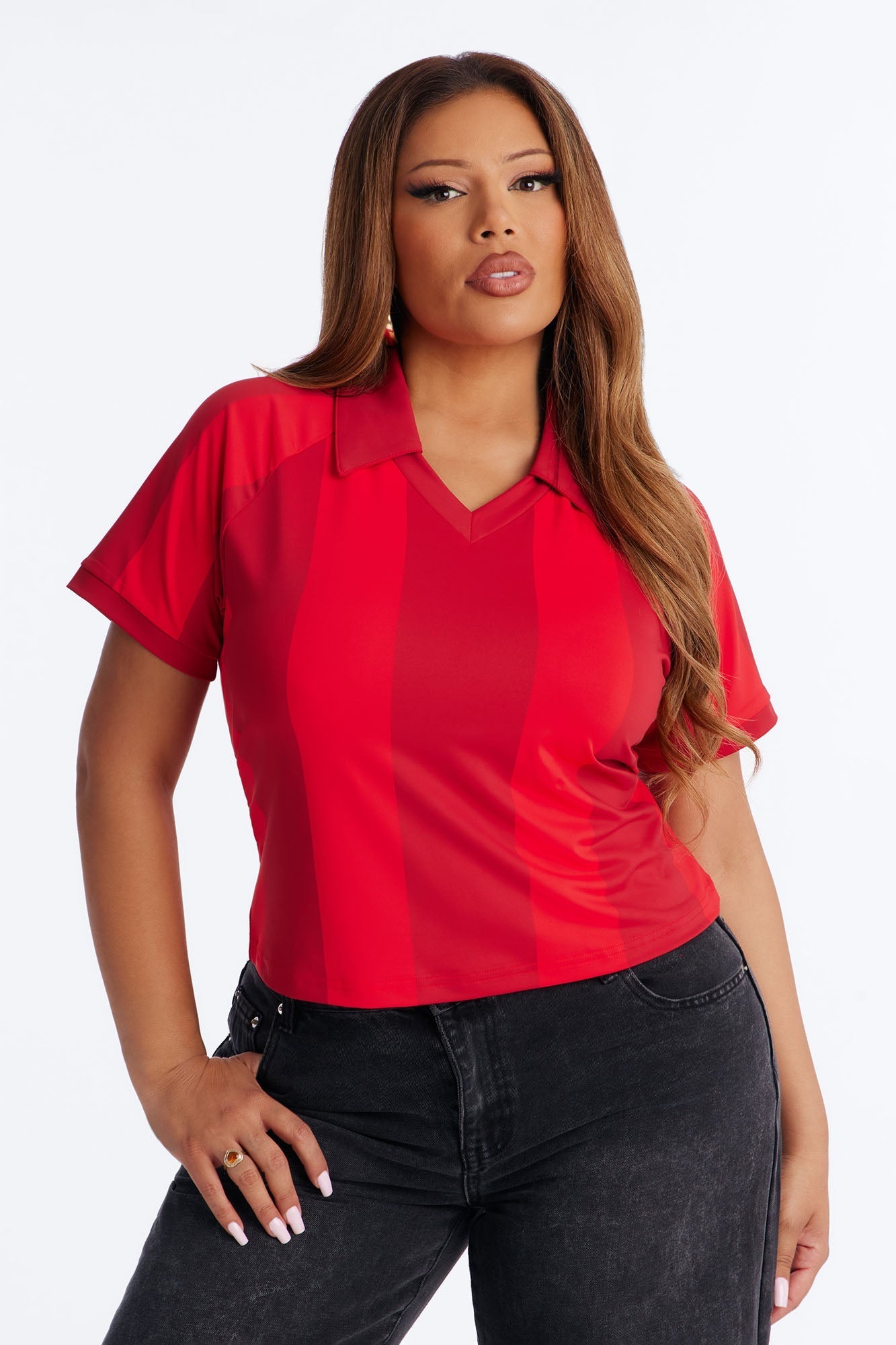 Street Uniform Striped Short Sleeve Polo Jersey Top - Red/combo Fashion Nova