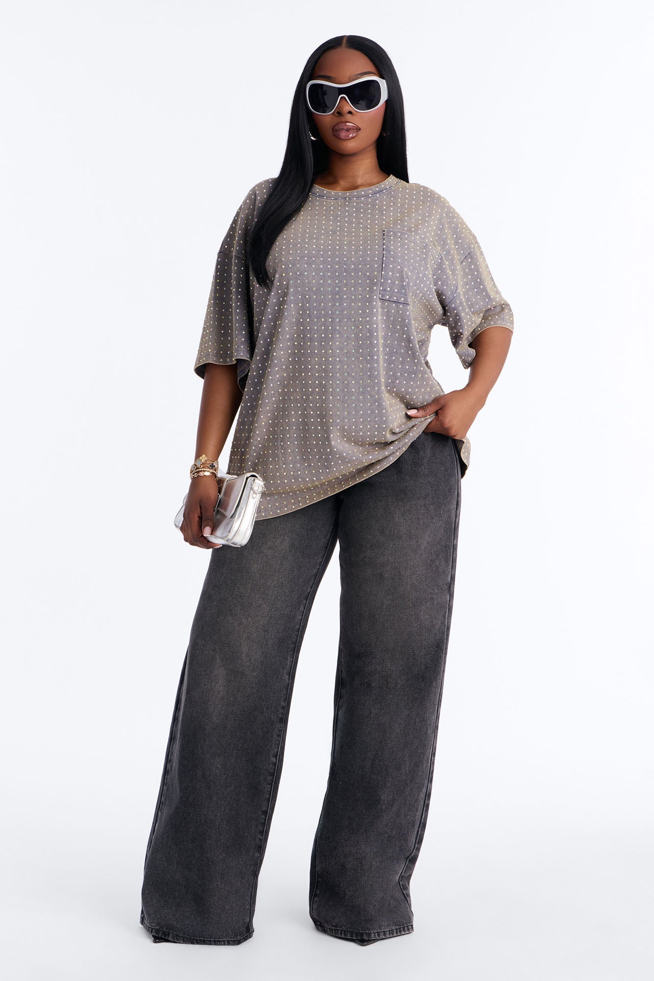 City Sparkle Rhinestone Short Sleeve Oversized T-Shirt - Charcoal
