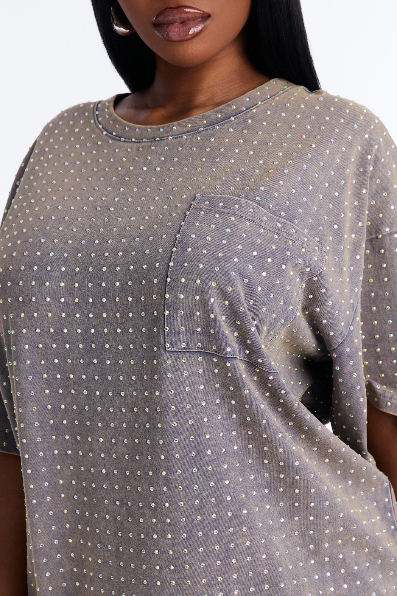 City Sparkle Rhinestone Short Sleeve Oversized T-Shirt - Charcoal