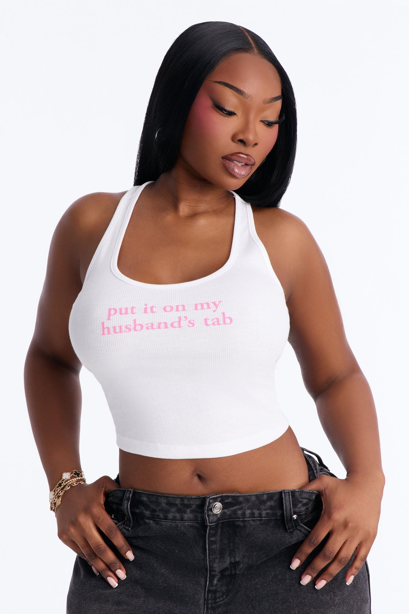 Put It On My Husband's Tab Halter Tank - White