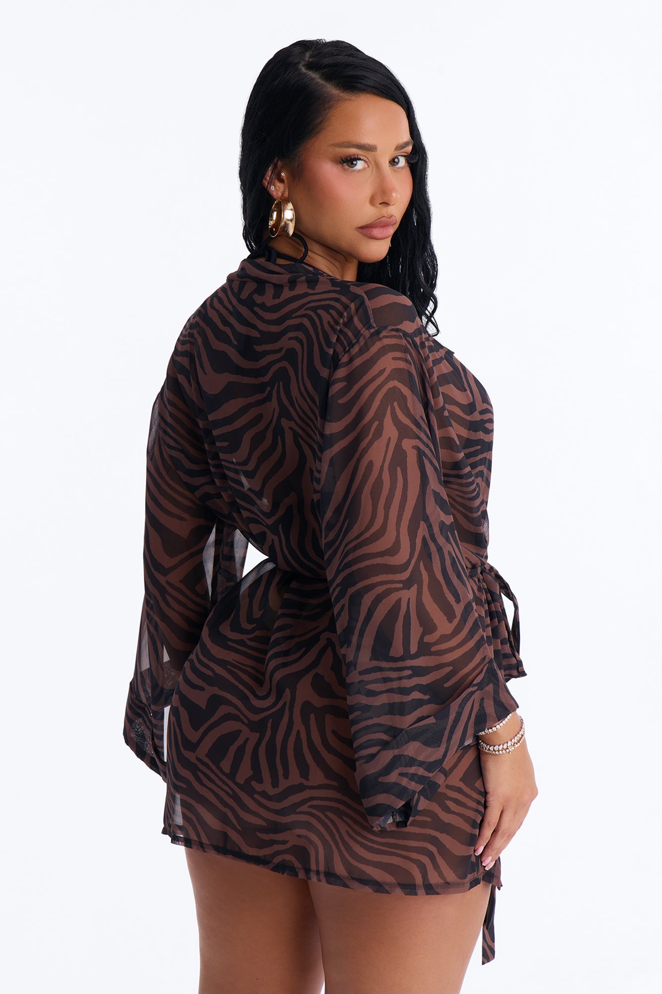 Nothing But A Stripe Waist Tie Swim Cover Up Kimono - Brown/combo