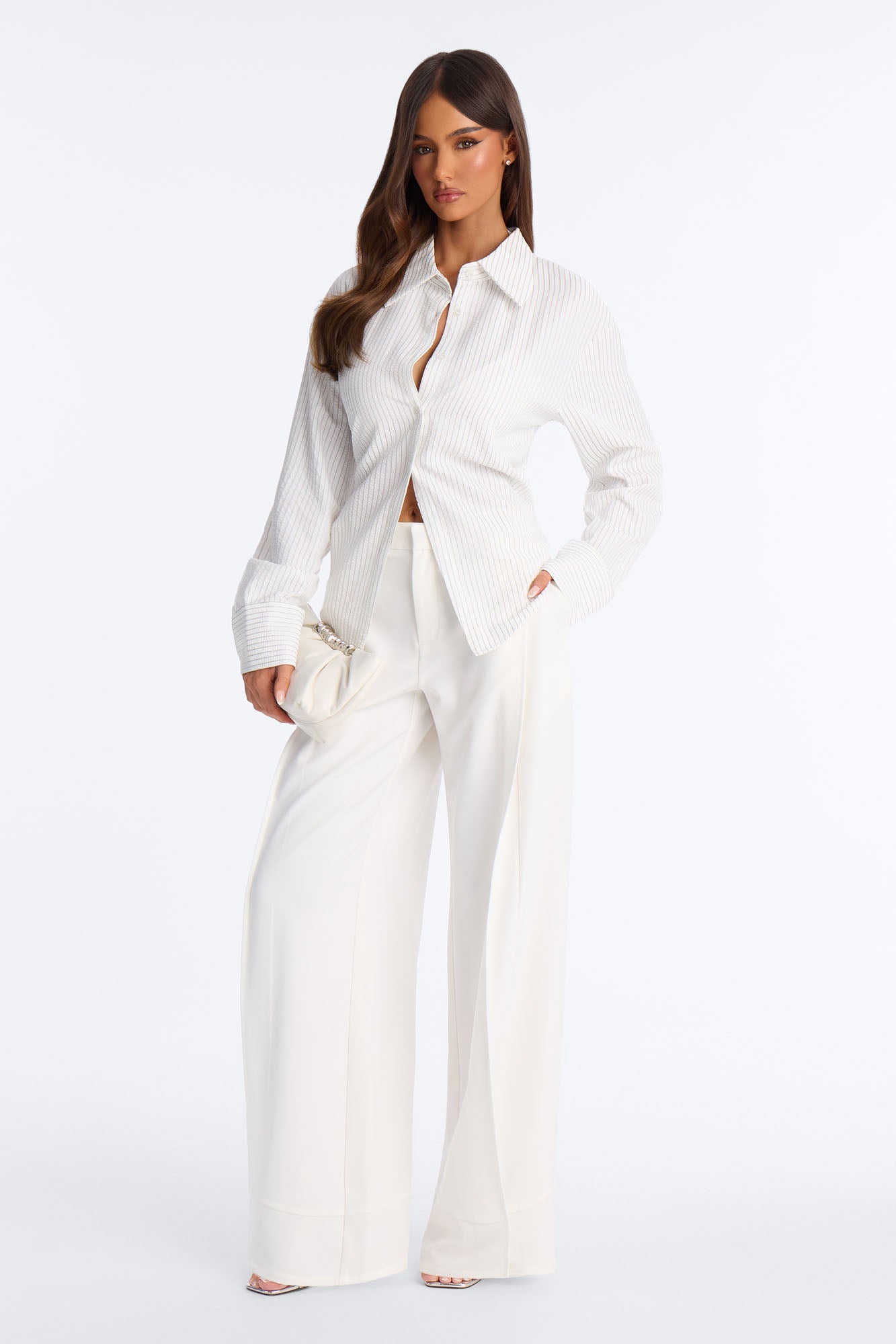 Anya Double Side Pleat Button Hem Trouser 33″ - White