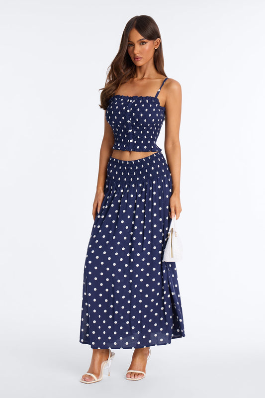 Sasha Satin Polka Dot Maxi Skirt Set - Navy/combo