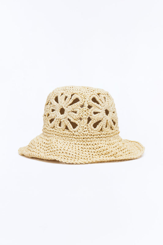 Flower Crown Crochet Straw Bucket - Natural