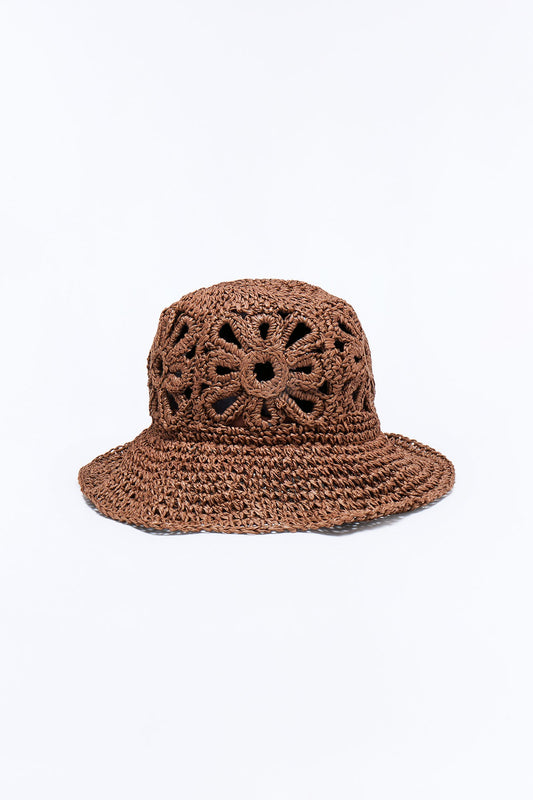 Flower Crown Crochet Straw Bucket - Brown