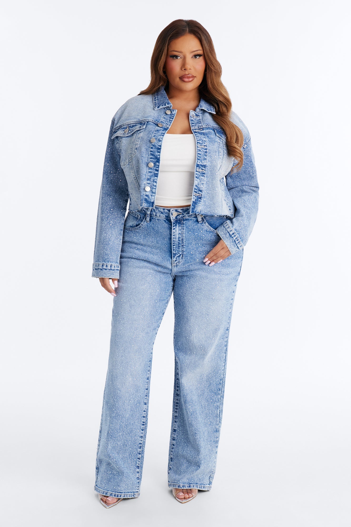 Spotlight Status Rhinestone Denim Pant Set - Light Wash
