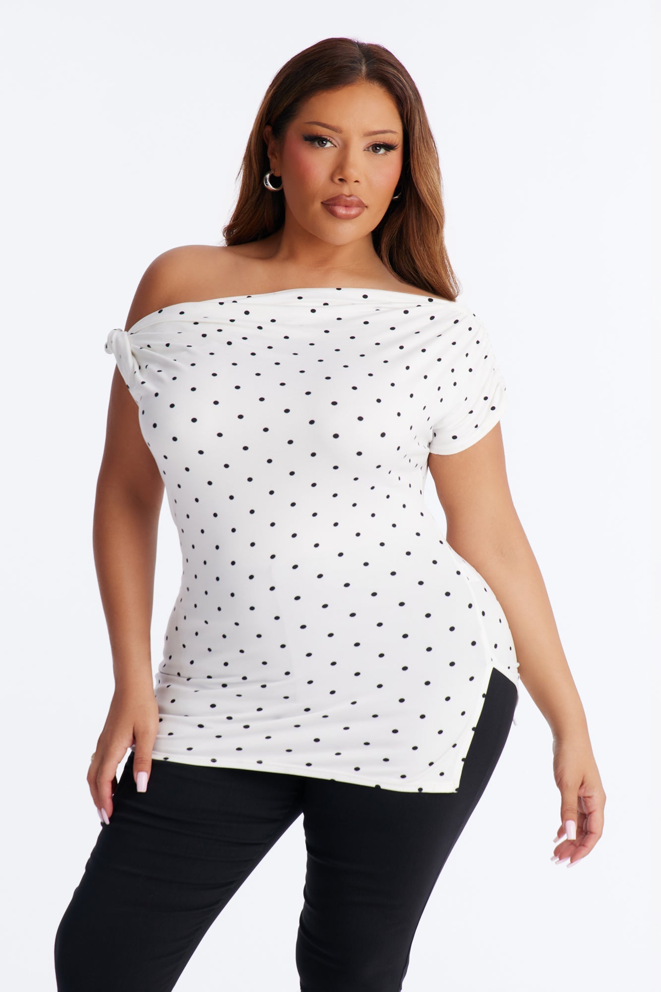 Liv Twist Off Shoulder Polka Dot Short Sleeve Top - White/Black Fashion Nova