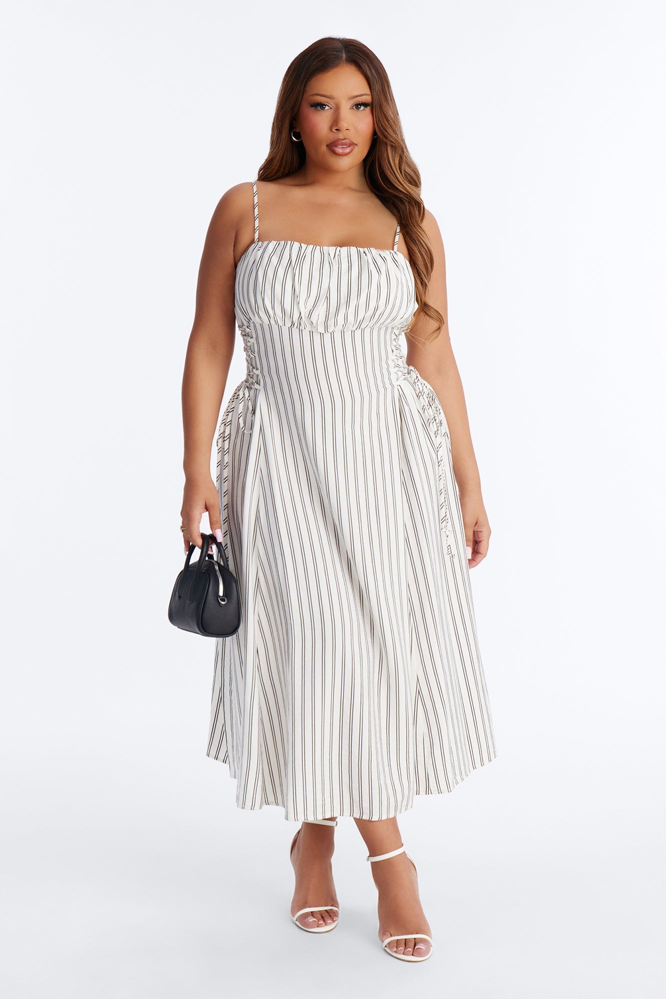 Claire Lace Up Pinstripe Midi Dress - White/combo