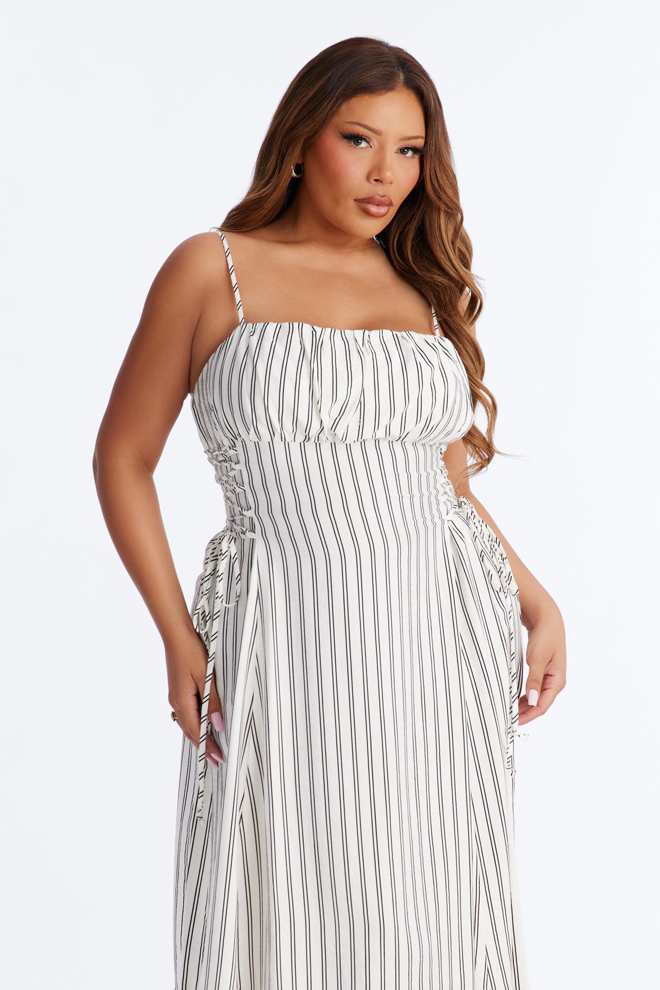 Claire Lace Up Pinstripe Midi Dress - White/combo