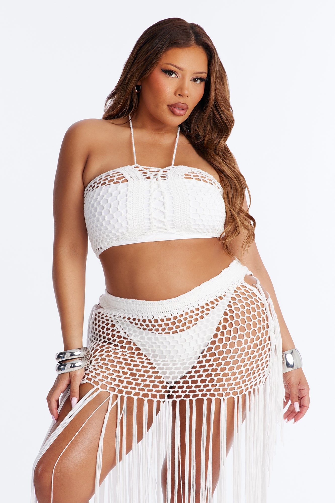 Gemma Lace Up Fringe Trim Swim Cover Up Skirt - White