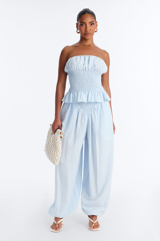 Pretty Thing Peplum Smocked Balloon Pant Set - Light Blue