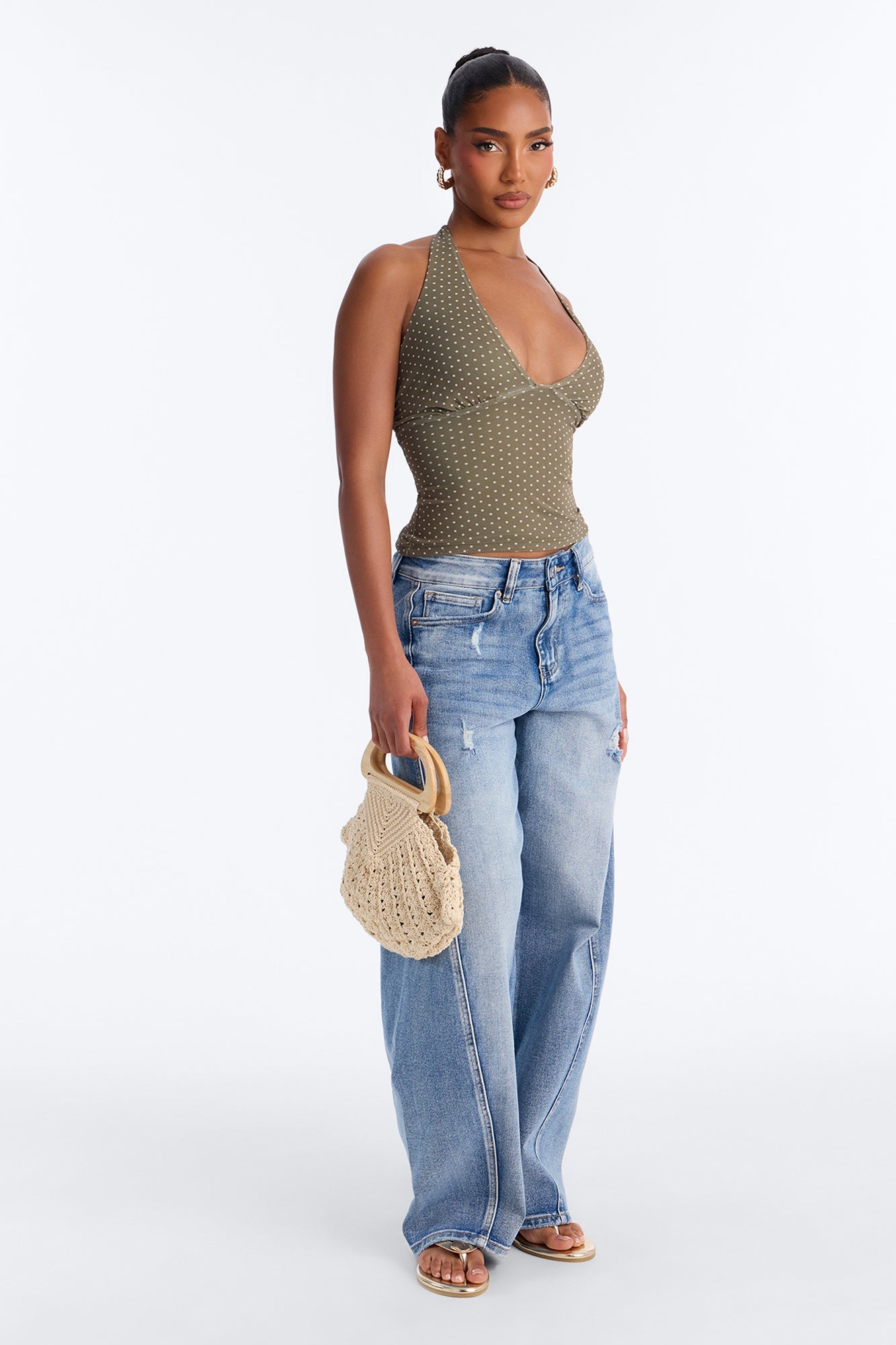 Chloe Mesh Polka Dot Halter Top - Olive/combo