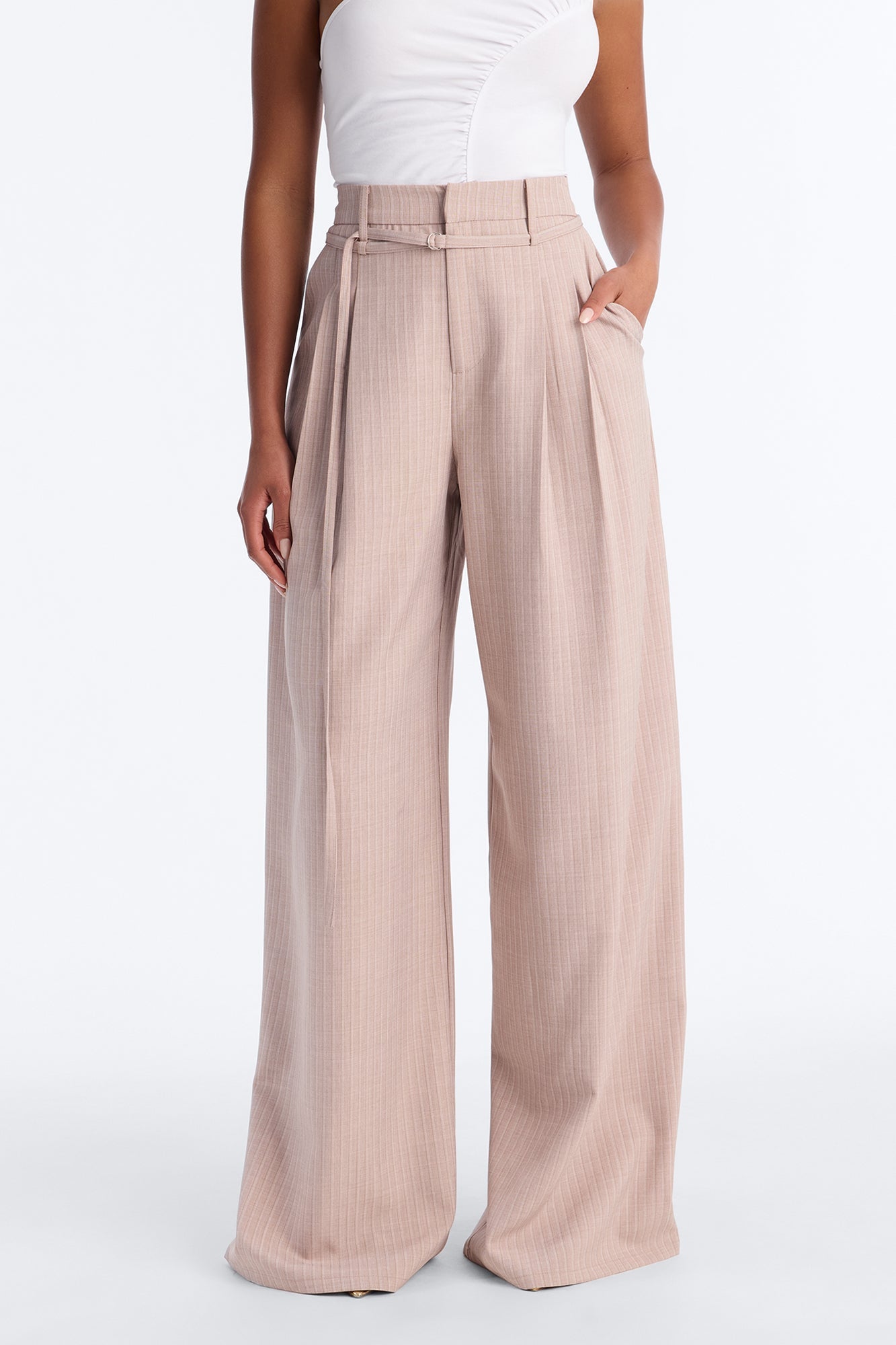 Old Money Feel Pinstripe Belted Trouser Pant 33″ - Mauve